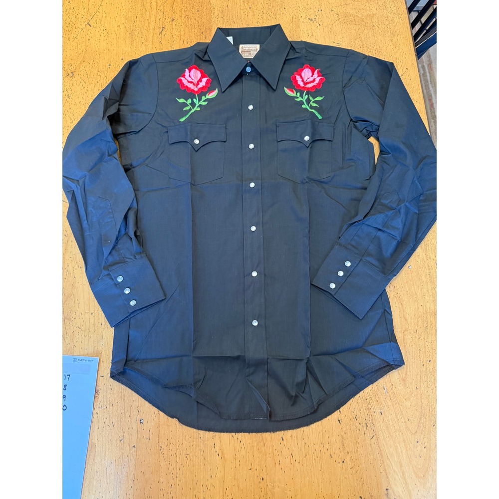 Montgomery Ward Western Shirt 15.5-34 Black Rose Embroidered Pearl Snap Vintage